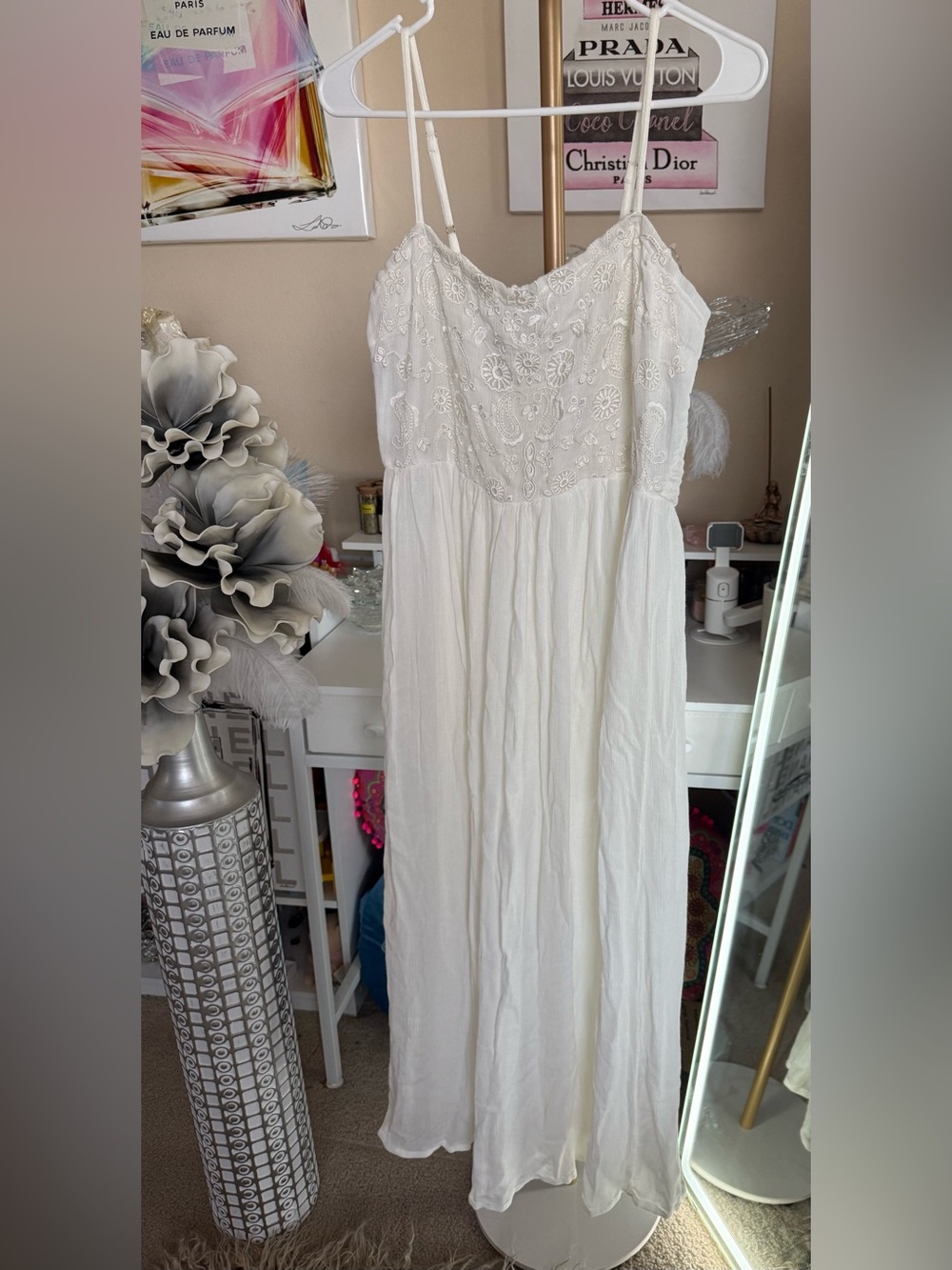 White Eyelet Bodice Spaghetti Strap Maxi Dress